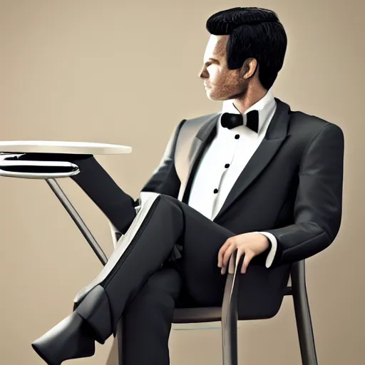 Image similar to guy with an eye as a head sitting in a chair wearing a tuxedo 4k, HD, photorealistic