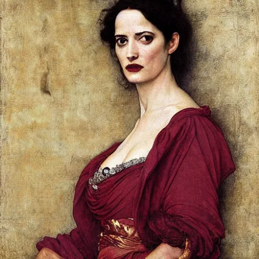 Image similar to eva green as a bandit queen, goddess of fire, fine silk red dress, by edgar maxence and caravaggio and michael whelan and delacroix