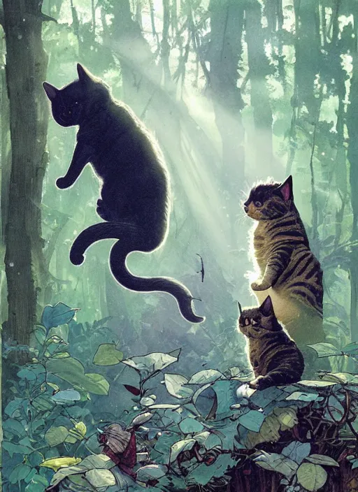 Image similar to a hyper realistic ink cat alien technology and sunbeams blue sky, lush forest foliage painting by chiara bautista and norman rockwell and greg rutkowski weta studio, and lucasfilm