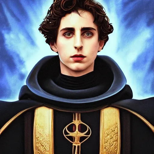 Prompt: realistic paul atreides emperor of the known universe, perfect dramatic and dark portrait by rabbitary b, trending on artstation, deviantart, dune, low angle oil painting and composition laws, dark foggy background, timothee chalamet but he is older, man with thin lines on the face, medium - long curly brown hair, completely blue eyes, denis villeneuve cinematography