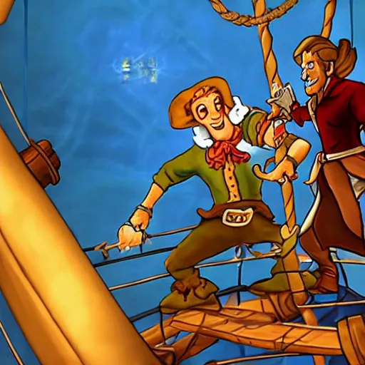 Image similar to guybrush threepwood fighting with lechuck in the top of the ship mast