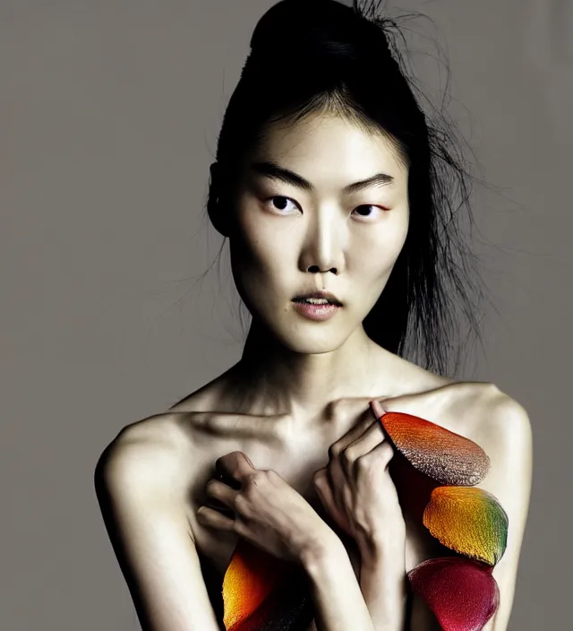 Image similar to photography american portrait of liu wen, natural background, sensual lighting, natural fragile pose, wearing stunning dress by iris van herpen, with a colorfull makeup. highly detailed, skin grain detail, photography by paolo roversi, nick knight, helmut newton, avedon, araki