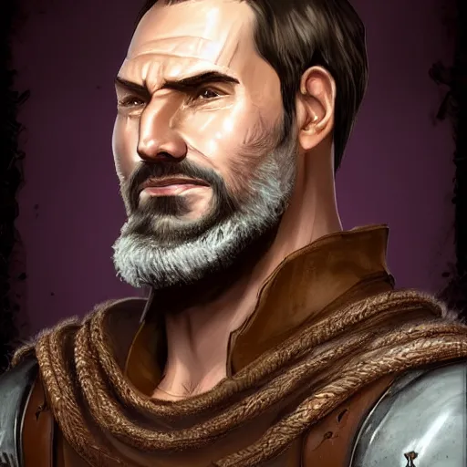 Image similar to 5 0 years old man, tall, stocky : : brown hair, sympathetic, designer stubble : : decorated medieval clothing : : high detail, digital art, rpg, concept art, illustration