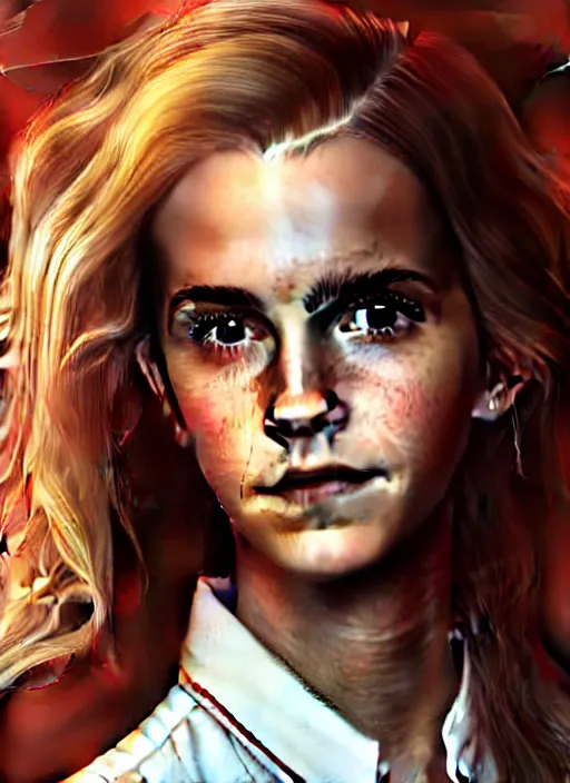 Prompt: portrait of teenage emma watson, long haircut, flowing blonde curly hair, white shirt, red tie, smiling kindly, soviet house at background, 1 9 8 0 s, intricate, elegant, glowing lights, highly detailed, digital painting, artstation, concept art, smooth, sharp focus, illustration, art by wlop, mars ravelo and greg rutkowski