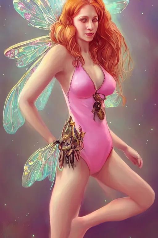 Image similar to beautiful full body portrait of a ginger woman in pigtails, wearing a sparkling pink one piece swimsuit with giant dragonfly wings, by wlop and artgerm, steampunk! fiction, detailed eyes, starry background, trending, on artstation.