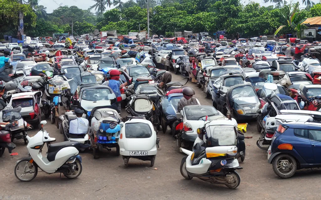 Image similar to An extremely long queue of cars and mopeds waiting for gas at a gas station in sri lanka in the style of edeard hopper