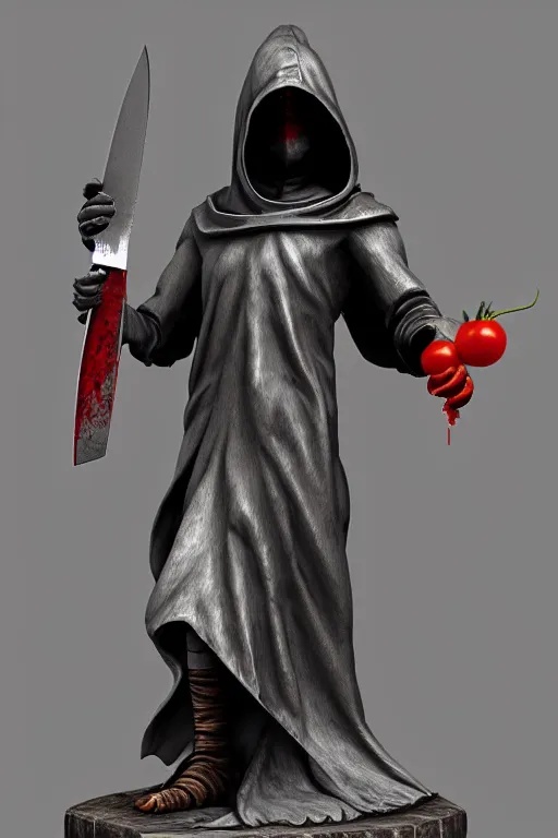 Image similar to a statue of a hooded cultist is holding a bloody knife in one hand and a tomato on the other, by patrick mcenvoy and michael komarck and fantasy flight, incredible quality, trending on artstation