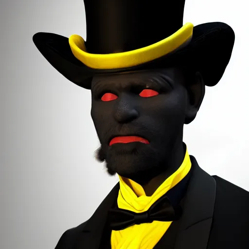 Image similar to a highly detailed portrait of a man in a high top hat covering his face, in a black tailcoat with a yellow waistcoat under the tailcoat, artstation, deviantart, professional, unreal engine 5, photorealistic