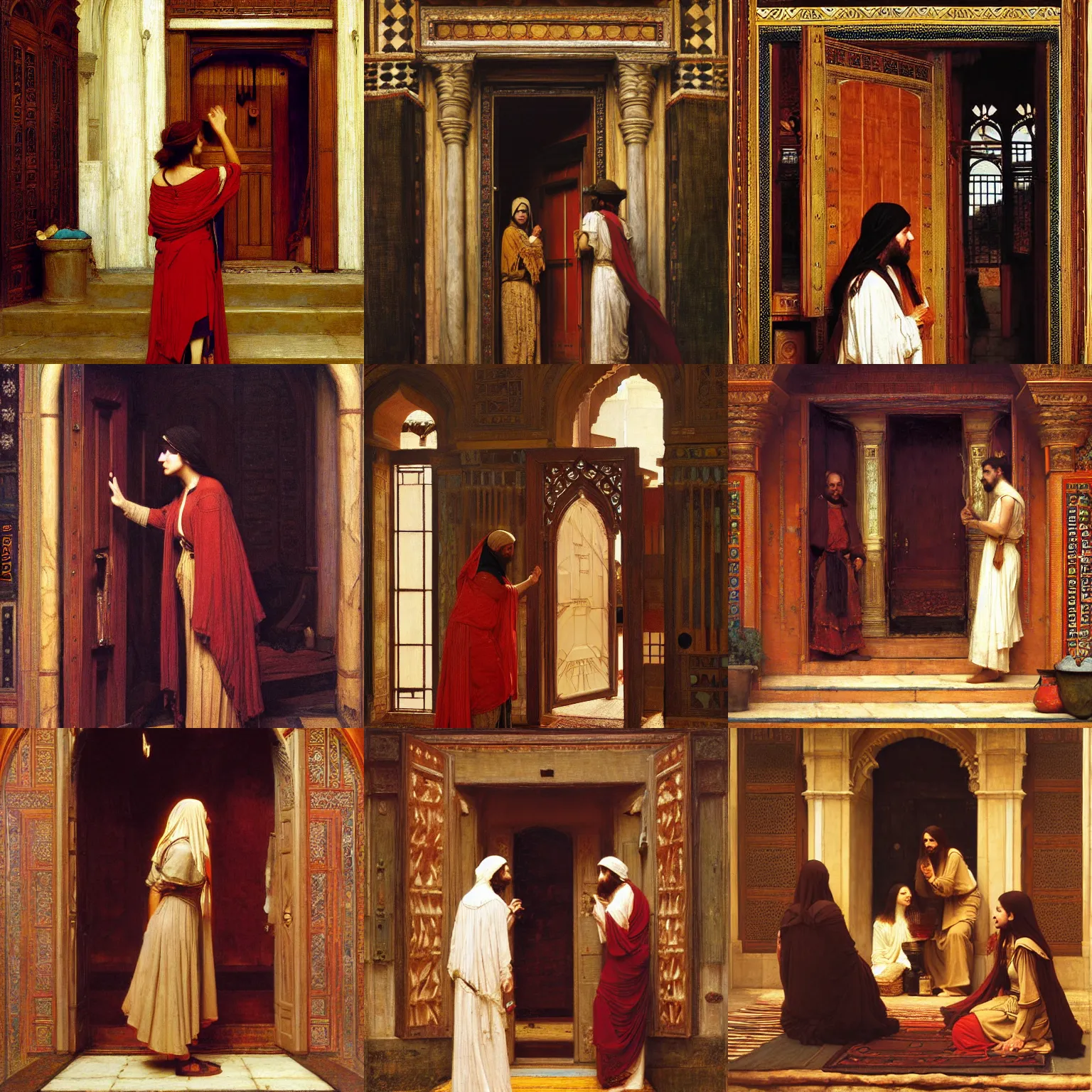 Prompt: the pilgrim's door orientalist intricate painting by john william waterhouse and Edwin Longsden Long and Theodore Ralli and Nasreddine Dinet, oil on canvas. Cinematic, hyper realism, dramatic lighting, high detail 8k