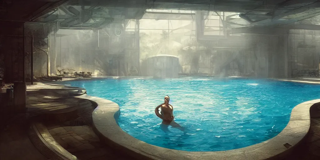 Image similar to swimming pool of a thermal fitness center, with hot spring, cinematic lighting, exaggerated detailed, unreal engine, art by greg rutkowski & peter mohrbacher