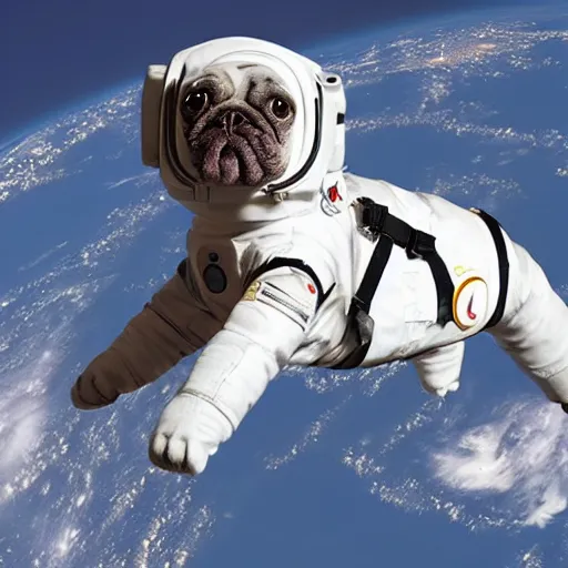 Image similar to a dog in space wearing an astronaut suit