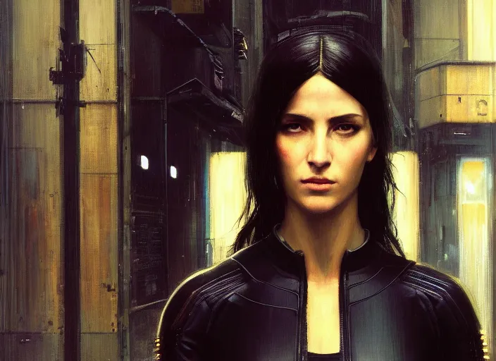 Image similar to Maria. Cyberpunk female hacker wearing stealth suit hiding from police patrol (blade runner 2049, cyberpunk 2077). Orientalist portrait by john william waterhouse and James Gurney and Theodore Ralli and Nasreddine Dinet, oil on canvas. Cinematic, hyper realism, realistic proportions, dramatic lighting, high detail 4k