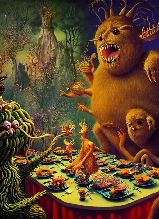 Image similar to hyper detailed 3d render, Oil painting, a decadent fairy dinner party - where the wild things are by Jacek Yerka, Mariusz Lewandowski, Houdini algorithmic generative render, Abstract brush strokes, Masterpiece, Edward Hopper and James Gilleard, Zdzislaw Beksinski, Mark Ryden, Wolfgang Lettl, hints of Yayoi Kasuma, octane render, 8k