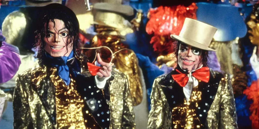 Prompt: Michael Jackson playing willy wonka in a warner bros movie, charlie and the choclate factory ultra realistic, 4K, movie still, UHD, sharp, detailed, cinematic, render, modern