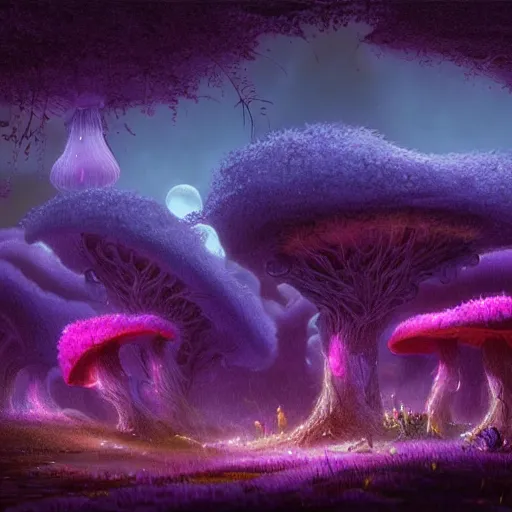 Prompt: concept art painting of a fantasy alien fungal landscape at night, magenta trees, glowing blue mushrooms, houses made of fungus, dark purple sky, realistic, detailed, cel shaded, in the style of makoto shinkai and greg rutkowski and albert bierstadt and james gurney