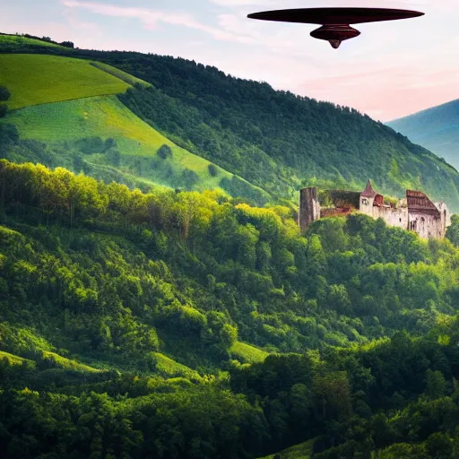 Prompt: Vast verdant valley surrounded by Transylvanian mountains, with a large zeppelin hovering in the foreground, and a ruined medieval castle on the hillside in the background. Late evening light in the summer, gloomy weather. Hyperrealistic, high quality, sharp, photography.