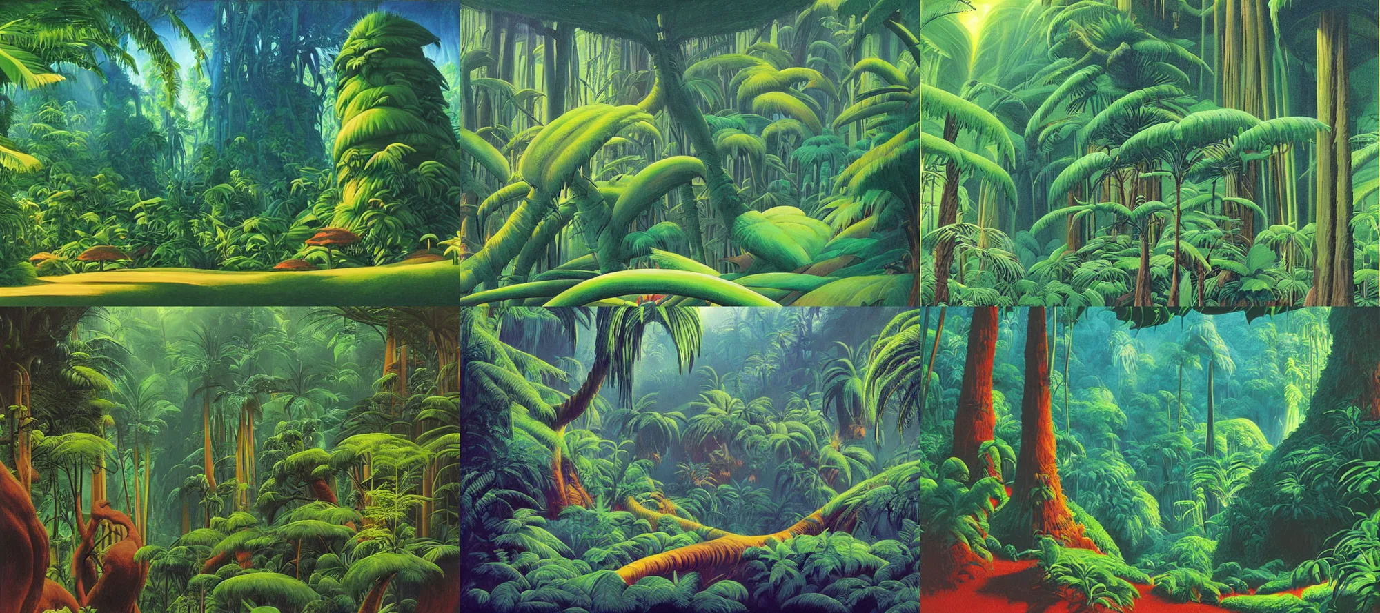 Prompt: Rainforest landscape in the style of Dr. Seuss, starships, painting by Ralph McQuarrie