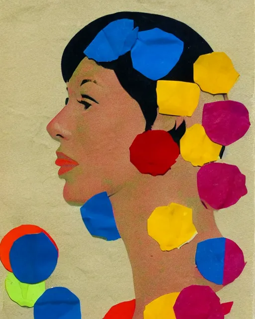 Prompt: cut and paste collage, 1 9 6 0 s, color block, flower petals, primary colors, ripped paper, a woman's face