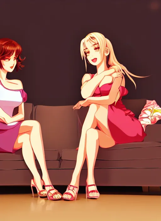 Image similar to two beautiful housewives in the living room on a hot summer evening, gorgeous faces, thick lines, cinematic lighting, detailed anime art