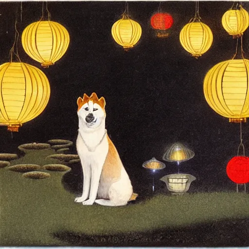 Image similar to portrait of a sitting red akita inu dog in a moonlit garden surrounded by floating lanterns, by warwick goble and kay nielsen