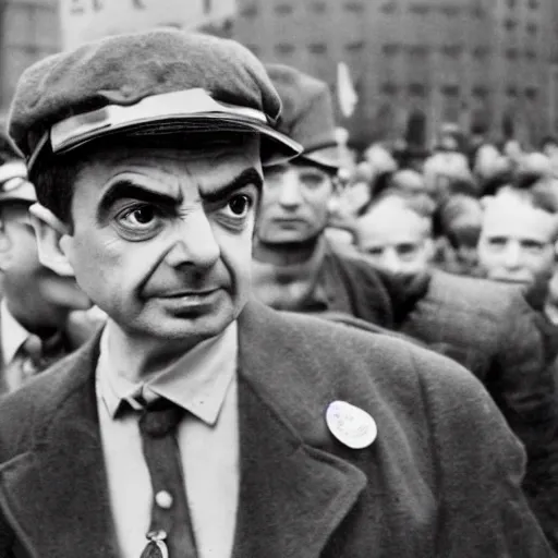 Prompt: mr bean at the nazi nuermberg rallies, historical, 1 9 4 0 s photo style, extreme detail, gritty, serious