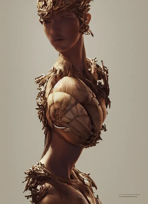 Image similar to sculpture made of wood, portrait, female, future, harper's bazaar, vogue, magazine, intricate, cinematic lighting, concept art, close up, ornate, luxury, elite, elegant, trending on artstation, by ruan jia, by Kenneth Willardt, by ross tran, by WLOP, by Andrei Riabovitchev,