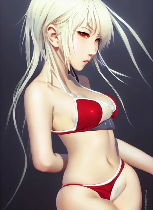Image similar to Anime girl in bikini armor, cute-fine-face, white-hair pretty face, realistic shaded Perfect face, fine details. Anime. realistic shaded lighting by Ilya Kuvshinov and Gustav Klimt