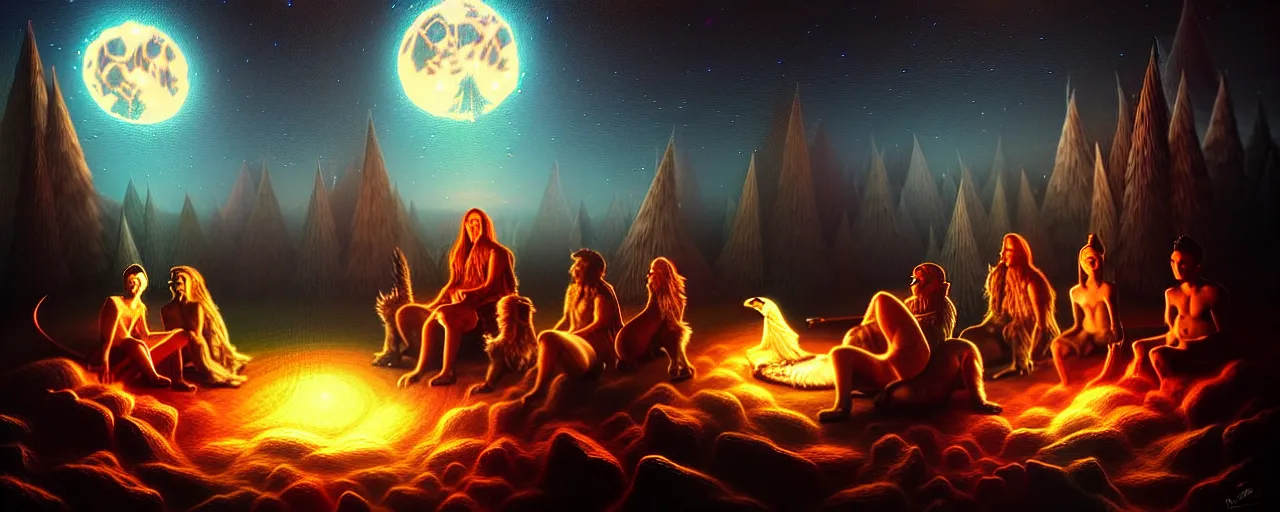 Image similar to uncanny!!! bifrost!!! mythical beasts of sitting around a fire under a full moon at bifrost, surreal dark uncanny painting by ronny khalil