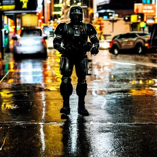 Prompt: a man wearing futuristic space marine armor walks down a rainy street in new york, photography, movie still, dslr 5 5 mm, 4 k