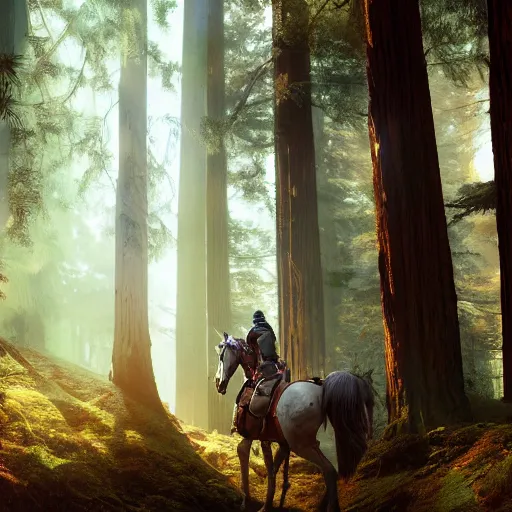 Image similar to mounted knight in a redwood forest, sunlit, octane render, matte, greg rutkowski, highly detailed, hdr