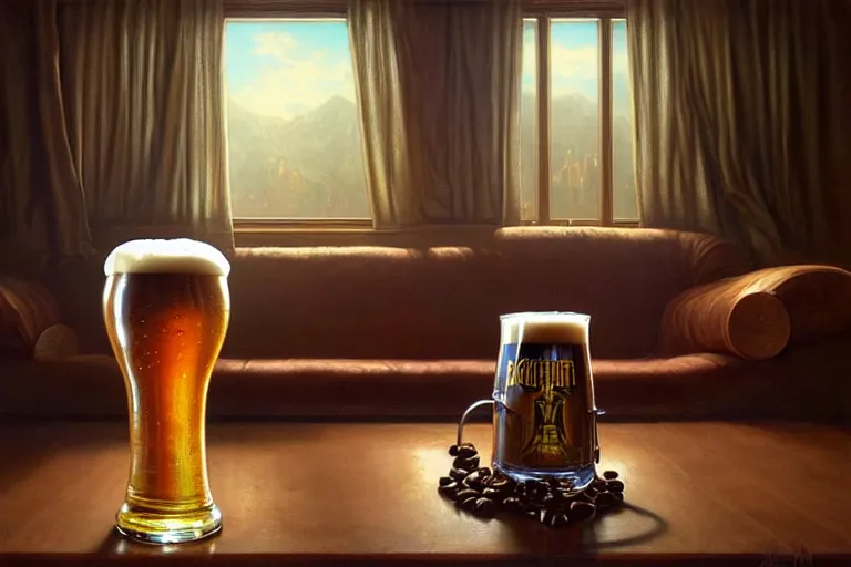 Image similar to detailed pint of beer on the coffee table in the the mid century modern livingroom. highly detailed, digital painting, artstation, concept art, smooth, sharp focus, illustration, artgerm, tomasz alen kopera, peter mohrbacher, donato giancola, joseph christian leyendecker, wlop, boris vallejo