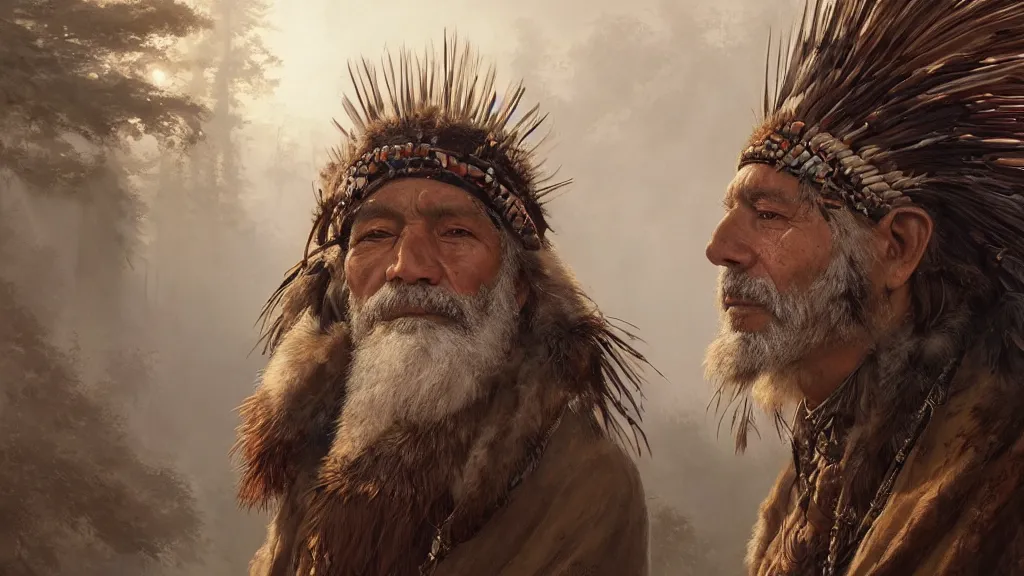 Prompt: highly detailed portrait of a grizzled indigenous man, feathered headdress, traditional clothing, unreal engine, fantasy art by greg rutkowski, ferdinand knab, makoto shinkai and lois van baarle, ilya kuvshinov, rossdraws, tom bagshaw, global illumination, radiant light, detailed and intricate environment