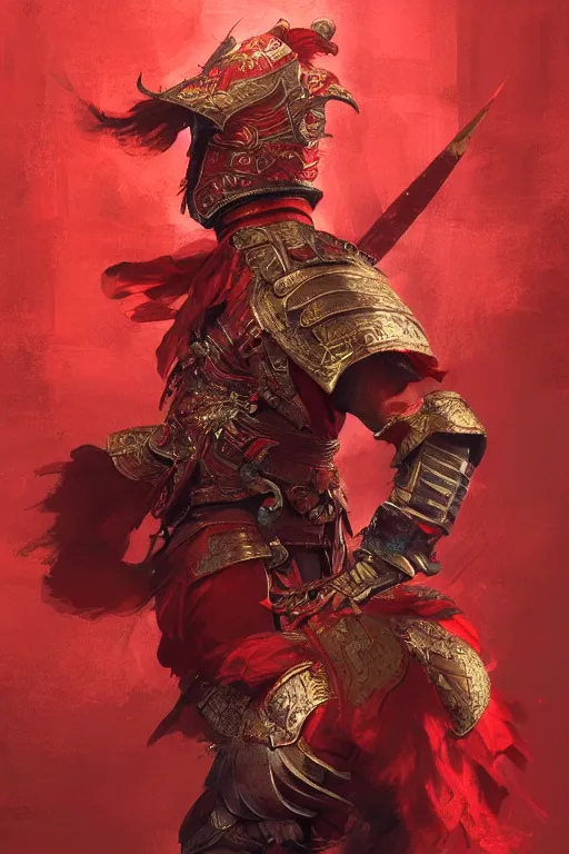 Image similar to chinese warrior, portrait, fierce, intricate, elegant, red volumetric lighting, digital painting, highly detailed, artstation, sharp focus, illustration, concept art, ruan jia, steve mccurry