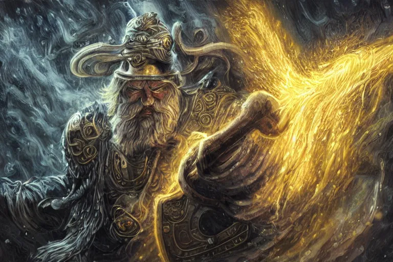 Image similar to mythological Odin all father god of thunder and artificial intelligence creating an artificial neural network with yellow synapses on an anvil in the ethereal city of valhalla, high resolution, award winning art, trending on art station, sharp image, incredibly detailed, odin all father detailed character realistic painting