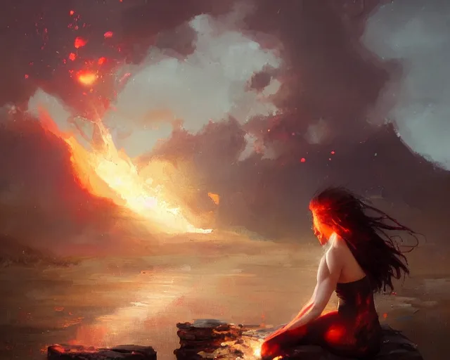 Prompt: a beautiful mage woman sitting on a rock watching explosions, expressive oil painting, fiery explosions, by greg rutkowski, by wlop, trending on artstation, beautiful body and face, vivid composition