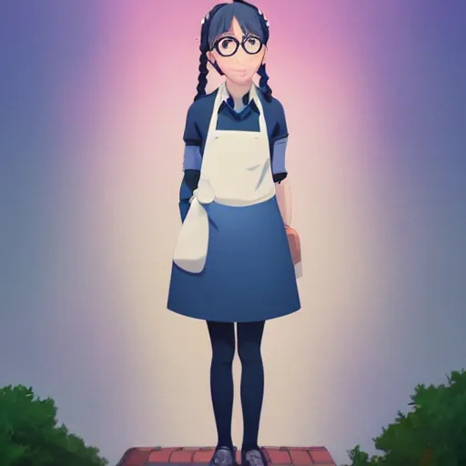 Prompt: a beautiful full body portrait of a young woman with twin braids, wearing glasses and an apron standing in a park, symmetric and beautiful face, makoto shinkai, james gilleard, very detailed, matte, gaussian blur, tone mapped William-Adolphe, trending on pixiv