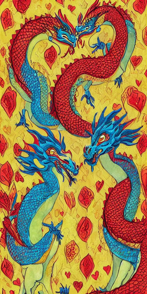 Image similar to greeting card, love, 2 beautiful royal dragons, by wylie beckert, warm colors, cozy