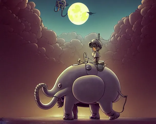 Prompt: a cell shaded cartoon grey lovecraftian mechanized elephant from howl's moving castle ( 2 0 0 4 ), with a big head, on a desert road, wide shot, in front of a big moon, muted colors, post grunge, josan gonzales, wlop, by james jean, victor ngai, hq, deviantart, art by artgem