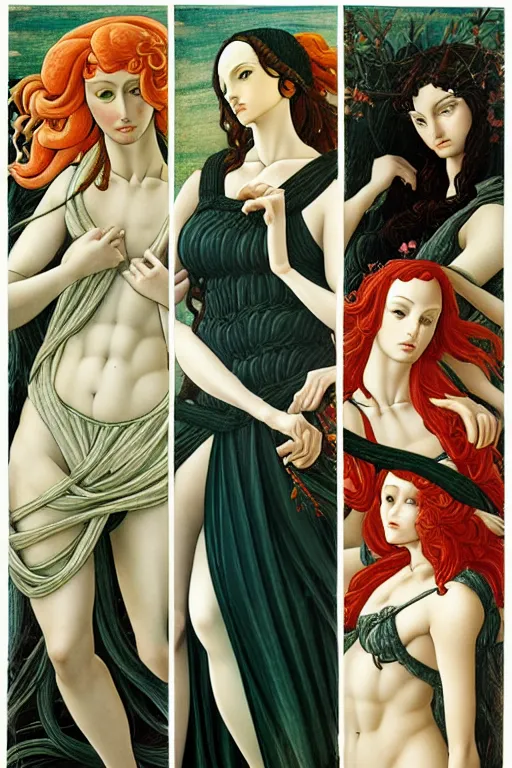 Image similar to 12 figures, representing the 4 seasons, (3 as Spring, 3 as Summer, 3 as Autumn, and 3 as Winter), in a mixed style of Botticelli and Æon Flux, inspired by pre-raphaelite paintings, shoujo manga, and cyberpunk, stunningly detailed, elaborate inking lines, pastel colors, 4K photorealistic