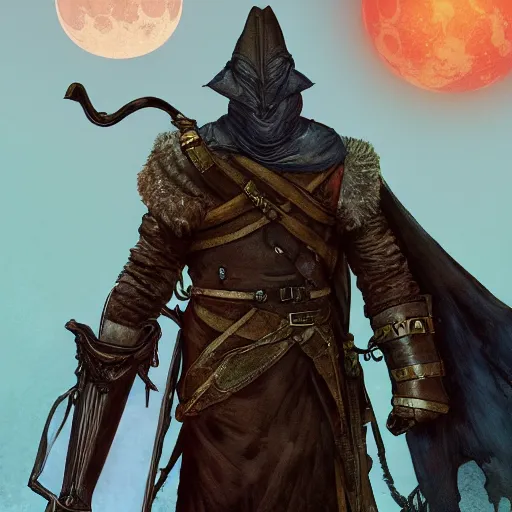 Image similar to an ultra detailed vector image of the hunter from bloodborne dressed as solaire of astora, concept art by alphonse mucha and greg rutkowski, scary shadows, blood moon eclipse, octane render, liminal space