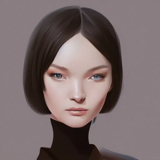 Image similar to 2d girl in black turtleneck and brown coat, elegant, 2d, ultra highly detailed, digital painting, smooth, sharp focus, artstation, portrait art by Ilya Kuvshinov