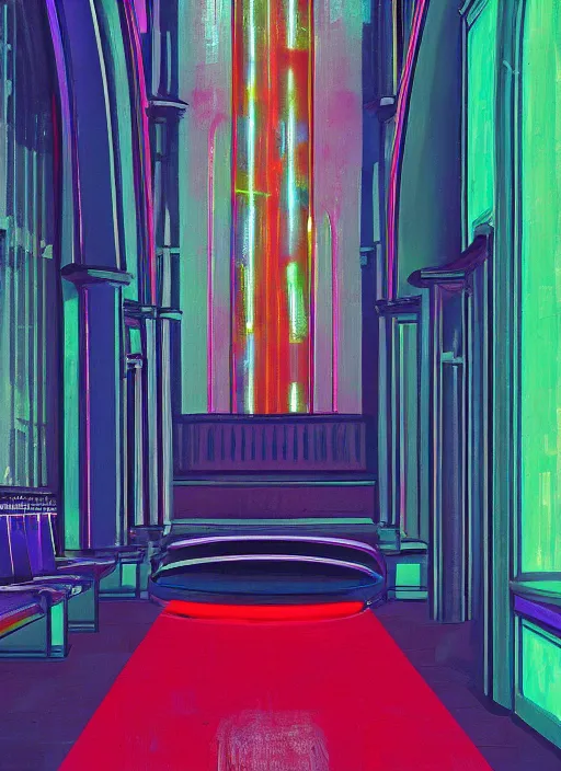 Image similar to waterfall in a church interior with neon lights painted by Edward Hopper and James Gilleard