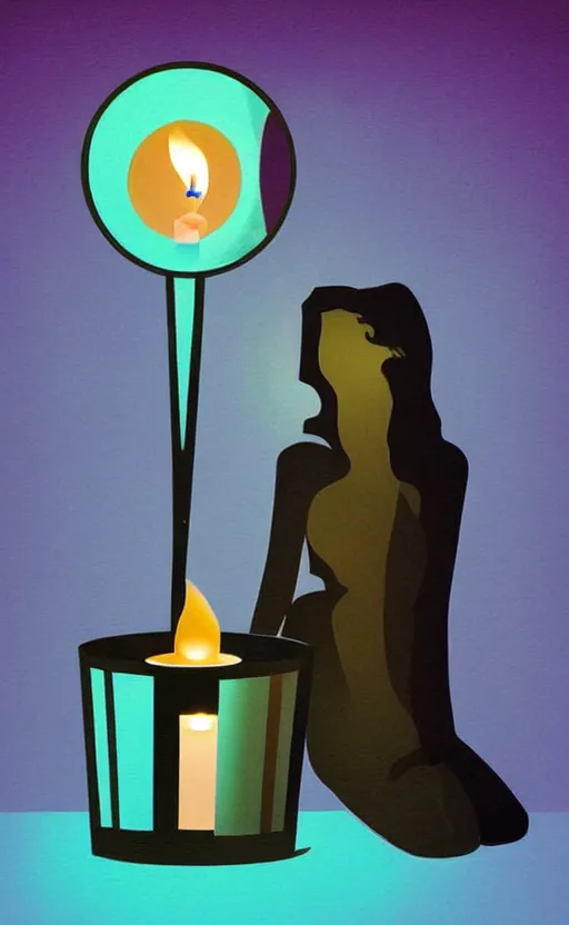 Image similar to illustration with a set of beautiful scented candles, close - up photo in cozy interior, candle lighting, shadow play, light refraction, mirror, glowing, pinterest, an art deco painting by tom whalen, trending on behance, art deco, digital illustration, storybook illustration, grainy texture, flat shading, vector art, airbrush, pastel, watercolor, poster