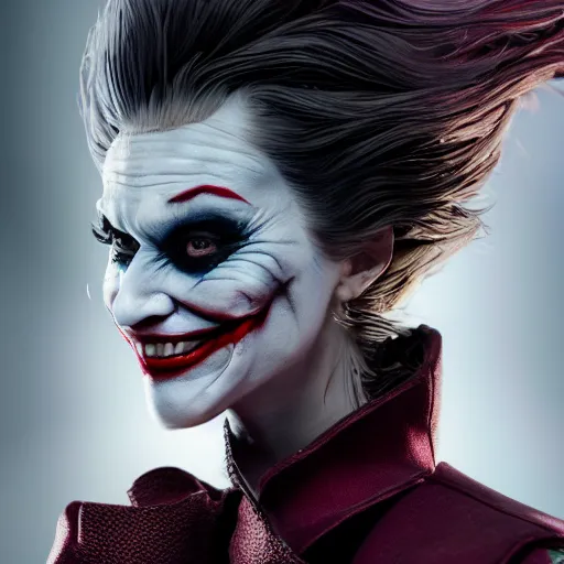 Image similar to full body pose, hyperrealistic photograph of female joker, dim volumetric lighting, 8 k, octane beautifully detailed render, extremely hyper detailed, intricate, epic composition, cinematic lighting, masterpiece, trending on artstation, very very detailed, stunning, hdr, smooth, sharp focus, high resolution, award, winning photo, dslr, 5 0 mm