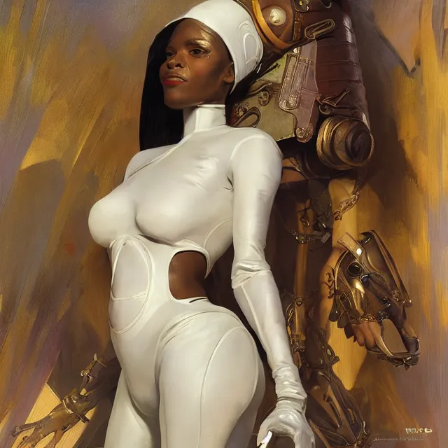 Image similar to african domme mistress, full body, dominatrix, tribal, smooth white tight clothes suit, ornate, very beautiful, concept art, realistic painting, androgynous, afrofuturism, daz 3 d, cinematic, cgsociety, digital art by greg rutkowski, by alphonse mucha