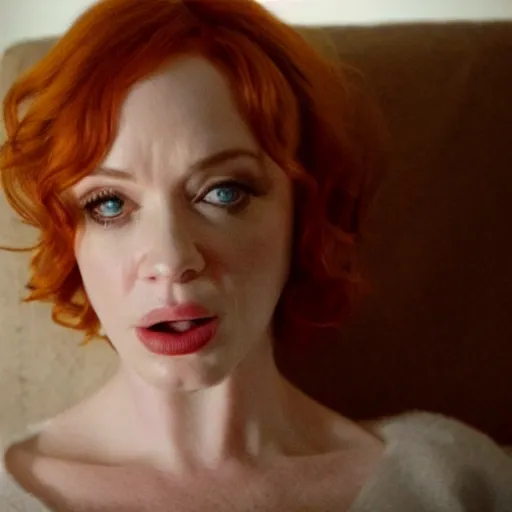 Image similar to amazing beautiful Christina Hendricks with mouth wide open in the living room, film still from the movie directed by Denis Villeneuve , wide lens