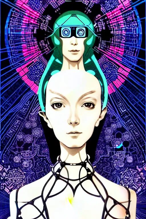 Image similar to utopian transhumanist future, people wearing ai generated fashion, in a style of æon flux, peter chung, shepard fairey, botticelli, ivan bilibin, and john singer sargent, inspired by pre - raphaelite paintings, shoujo manga, and cool harajuku street fashion, ultra detailed, super ultra fine inking lines, ethereal and mystical