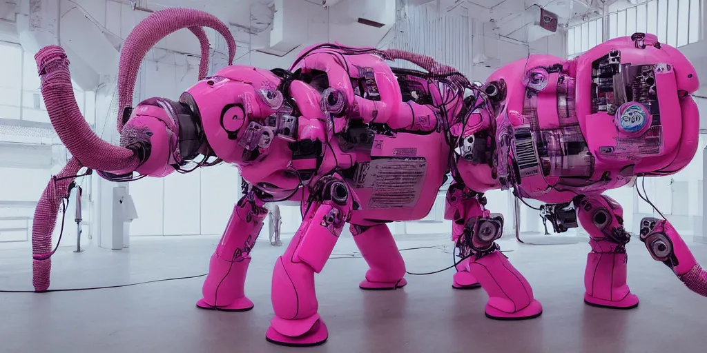 Prompt: a old photograph of a biohacked pink elephant robot, a lot of button potenciometers cables and wires, display, arduino, diy, biohacking, ultra detailed, ultra realistic, japanese horror movie footage, 8 k, chromatic aberration, dof