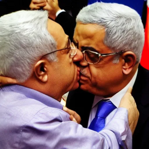 Image similar to Benjamin Netanyahu and Mahmoud Abbas kissing on the mouth, photojournalism photography