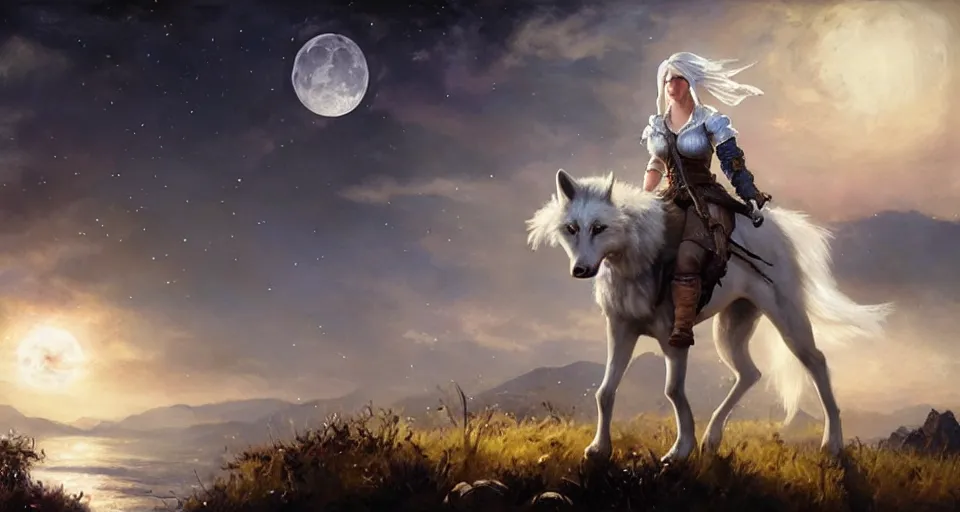 Prompt: ciri from the witcher vaholds the moon and the white wolf, in the background you can see the universe. by Daniel F. Gerhartz, hyperrealistic oil painting, 4k, very detailed faces, studio lightning